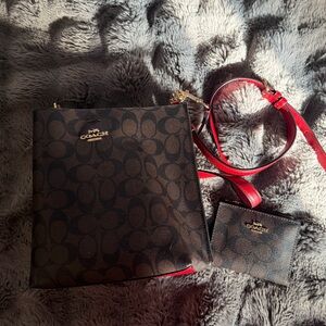 Coach Brown and Red Signature Tote with Wallet